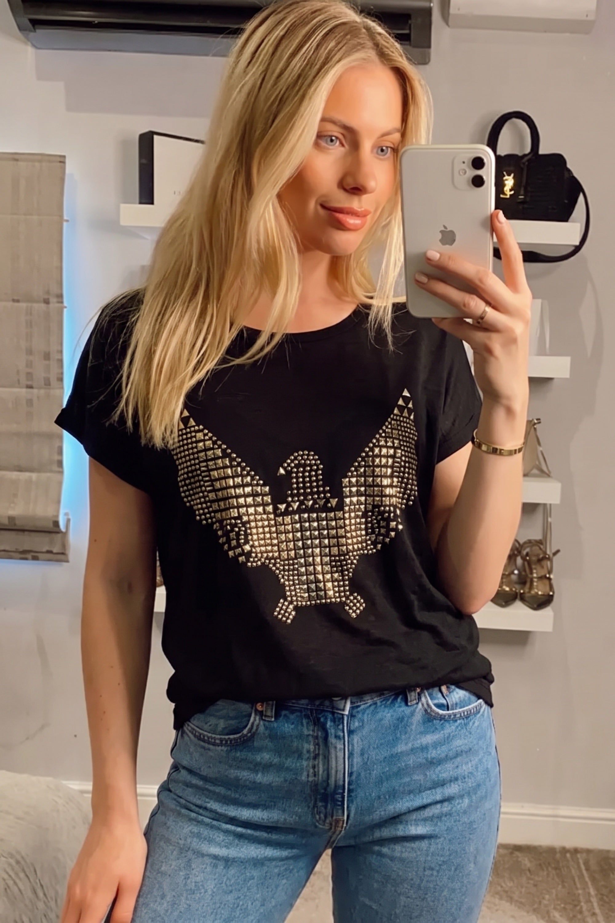 Gold Eagle embellished T-shirt  (BLACK)