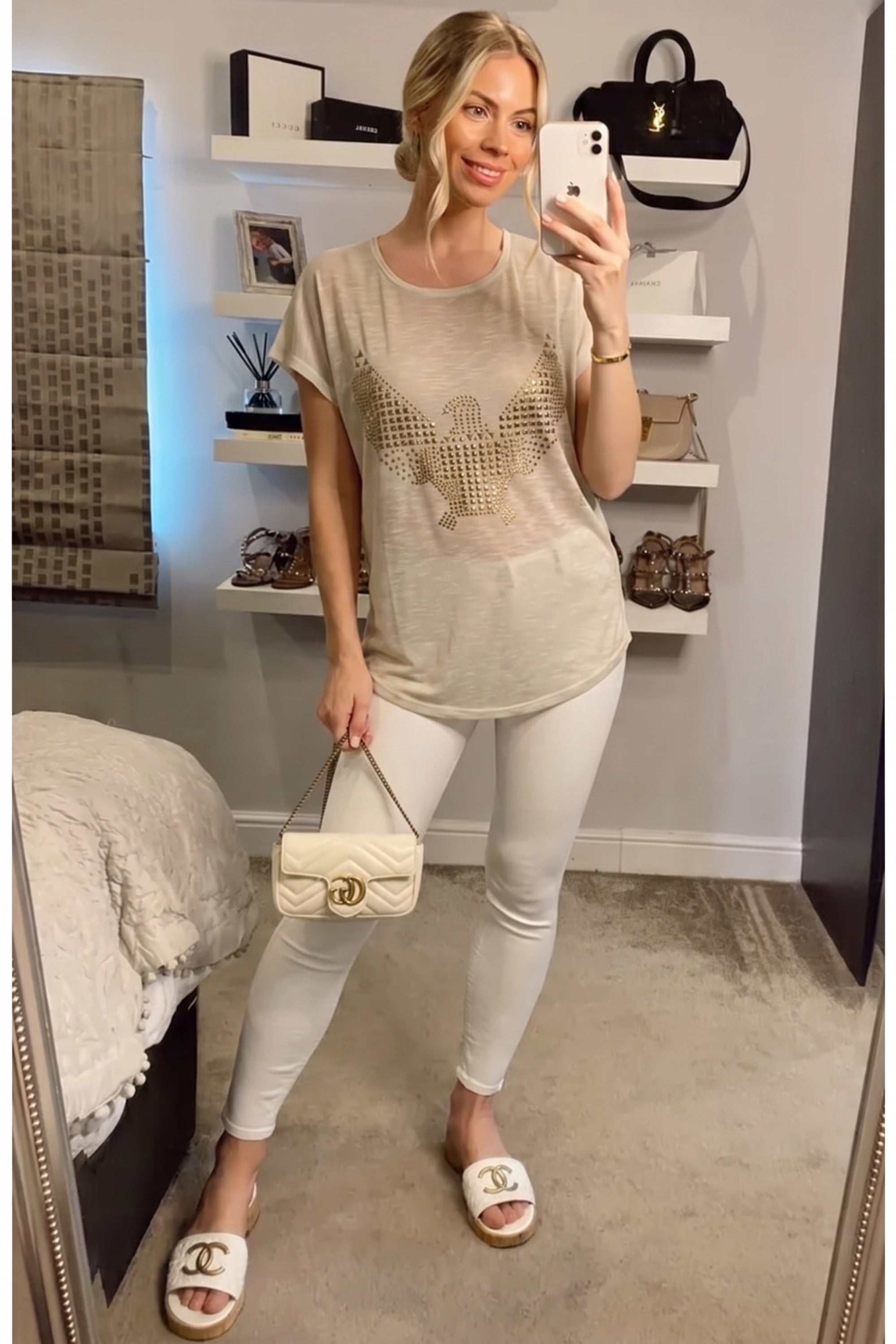Gold Eagle embellished T-shirt (BEIGE)