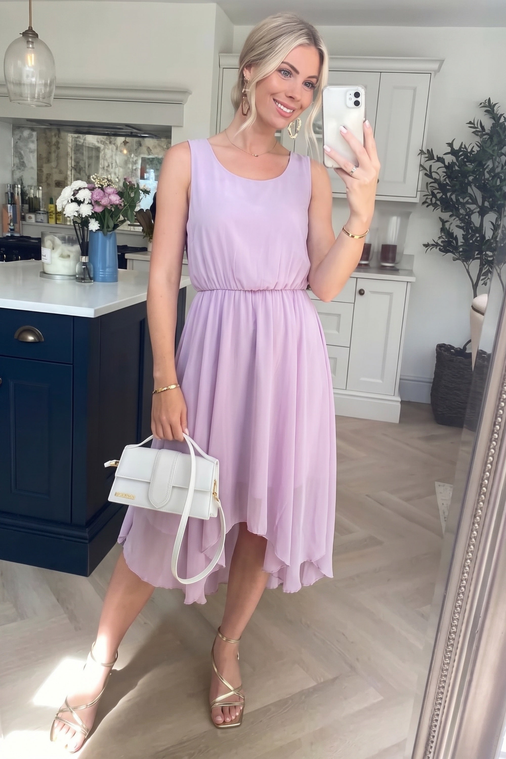 Lilac Sleeveless Chiffon Hanky Hem Midi Dress