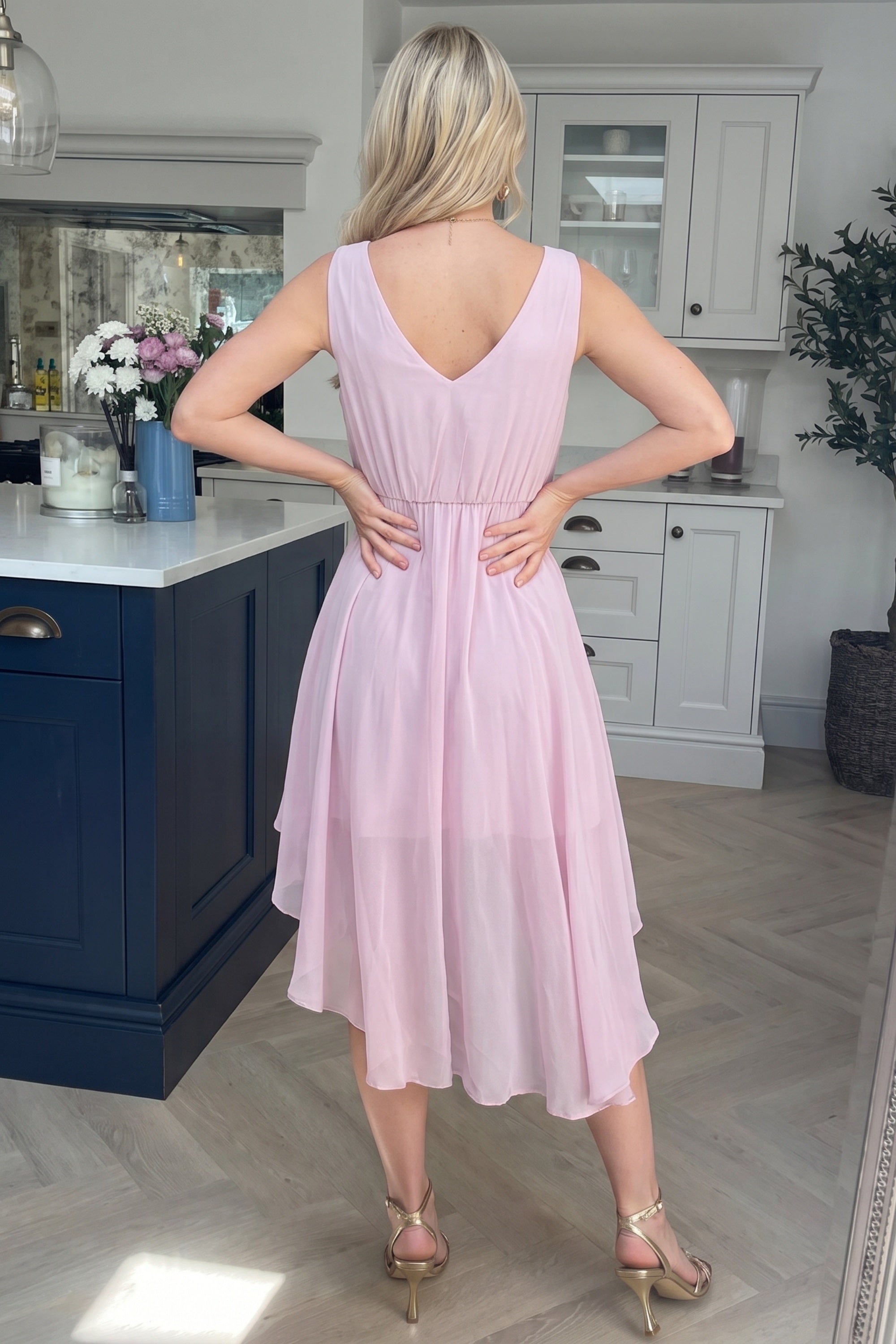 Lilac Sleeveless Chiffon Hanky Hem Midi Dress