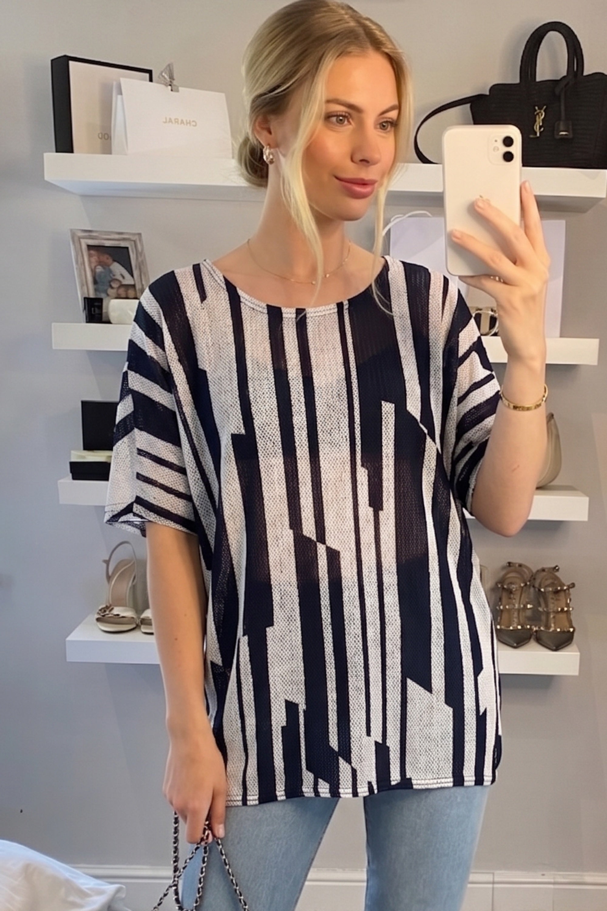 Multi Stripe print mesh Top (Blue)