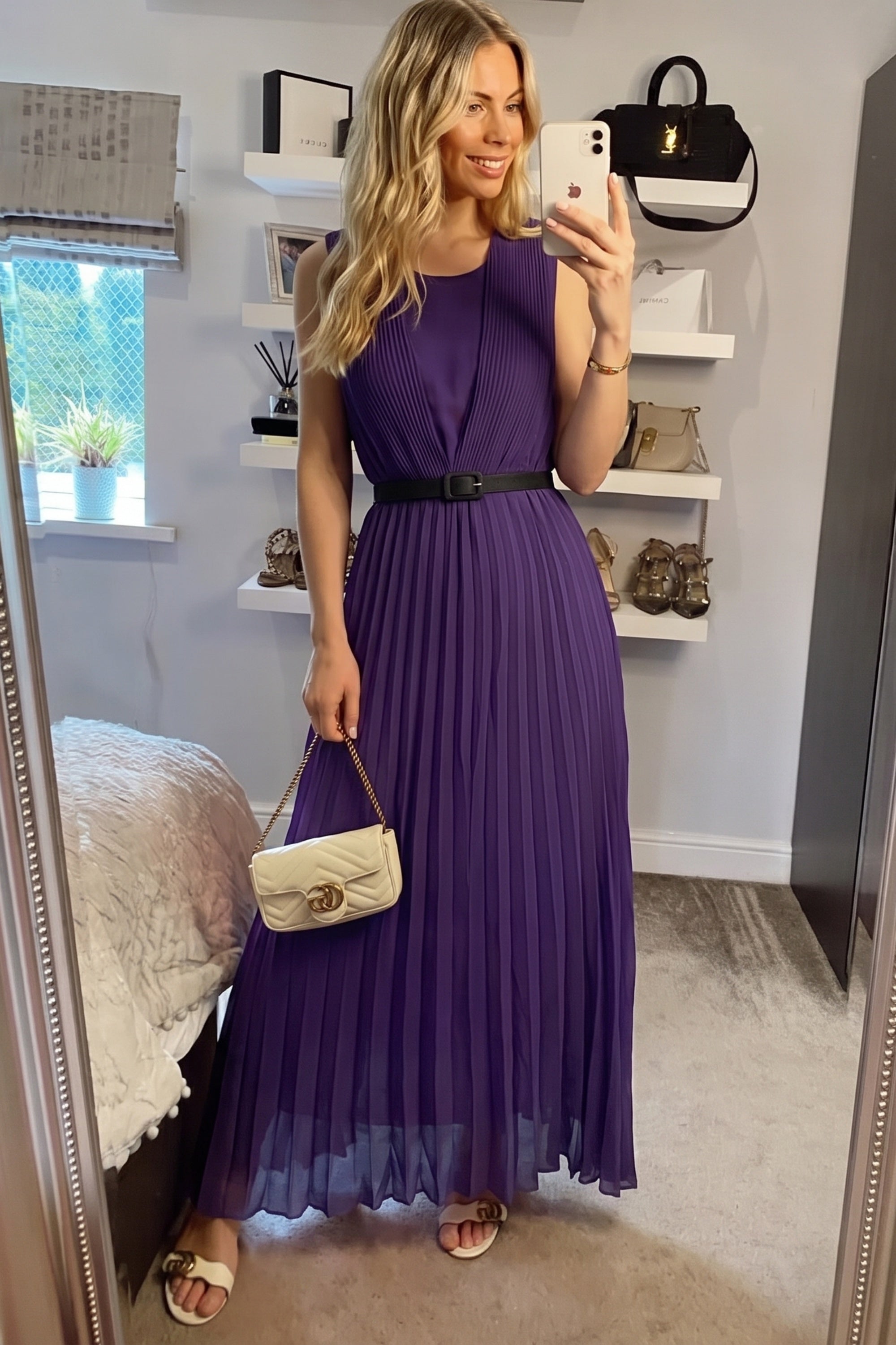 Chiffon pleated full length wedding maxi dress (Dark Purple)