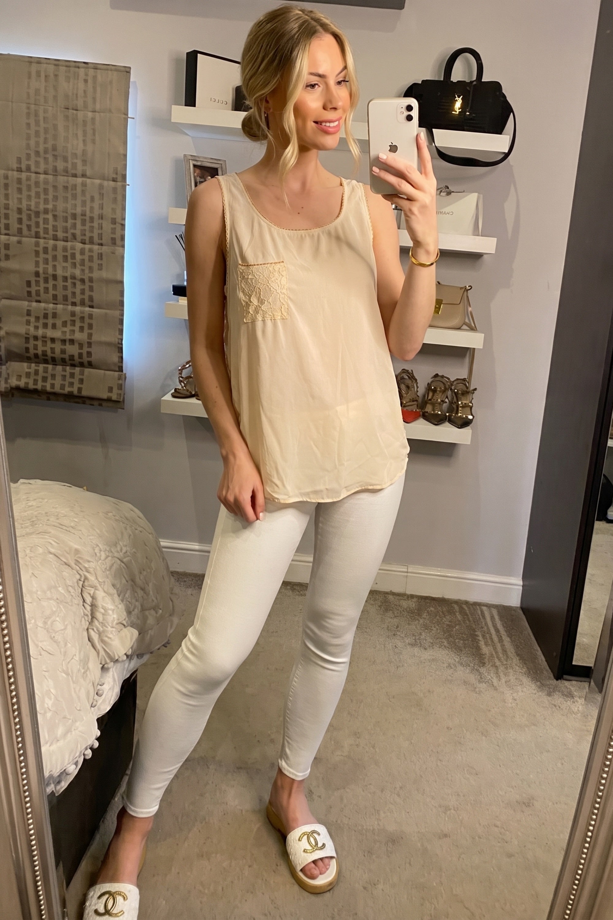 Front Chiffon Lace back Chain Neck Line Detail Vest Top(WHITE)