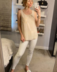 Front Chiffon Lace back Chain Neck Line Detail Vest Top(WHITE)
