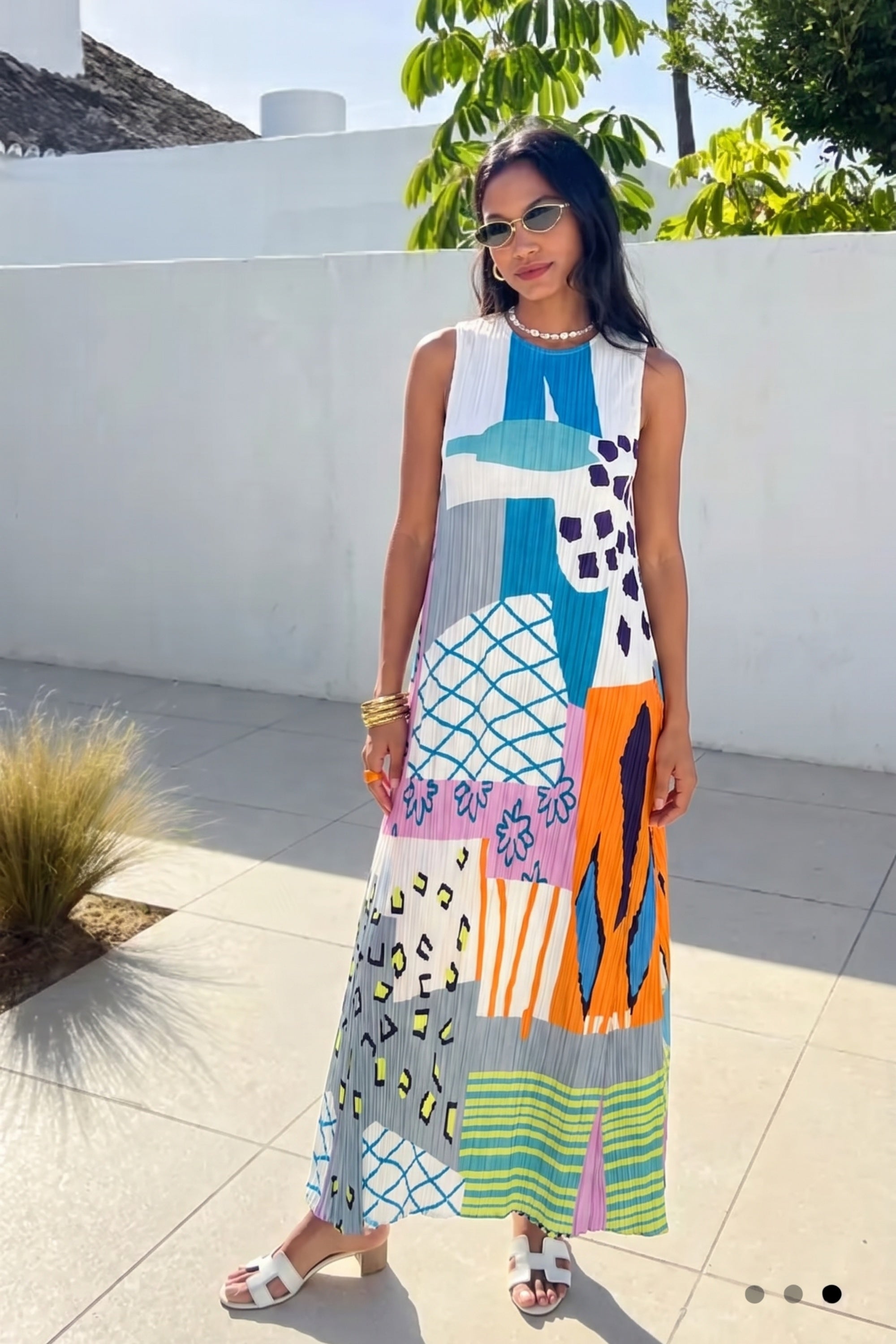 Abstract Print Sleeveless Pleated Maxi Dress