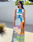Abstract Print Sleeveless Pleated Maxi Dress