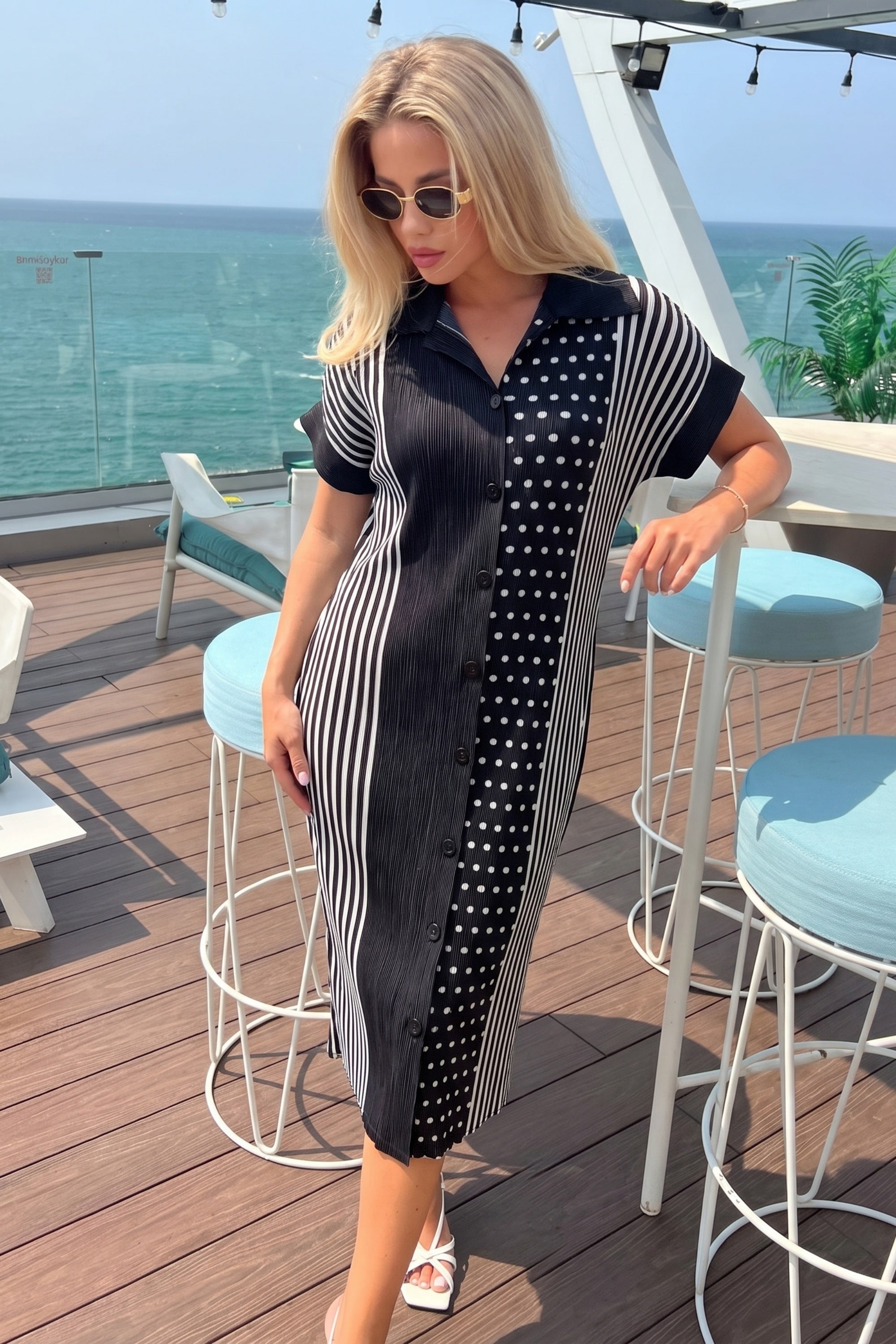 Monochrome Stripe &amp; Polka Dot Pleated Shirt Midi Dress