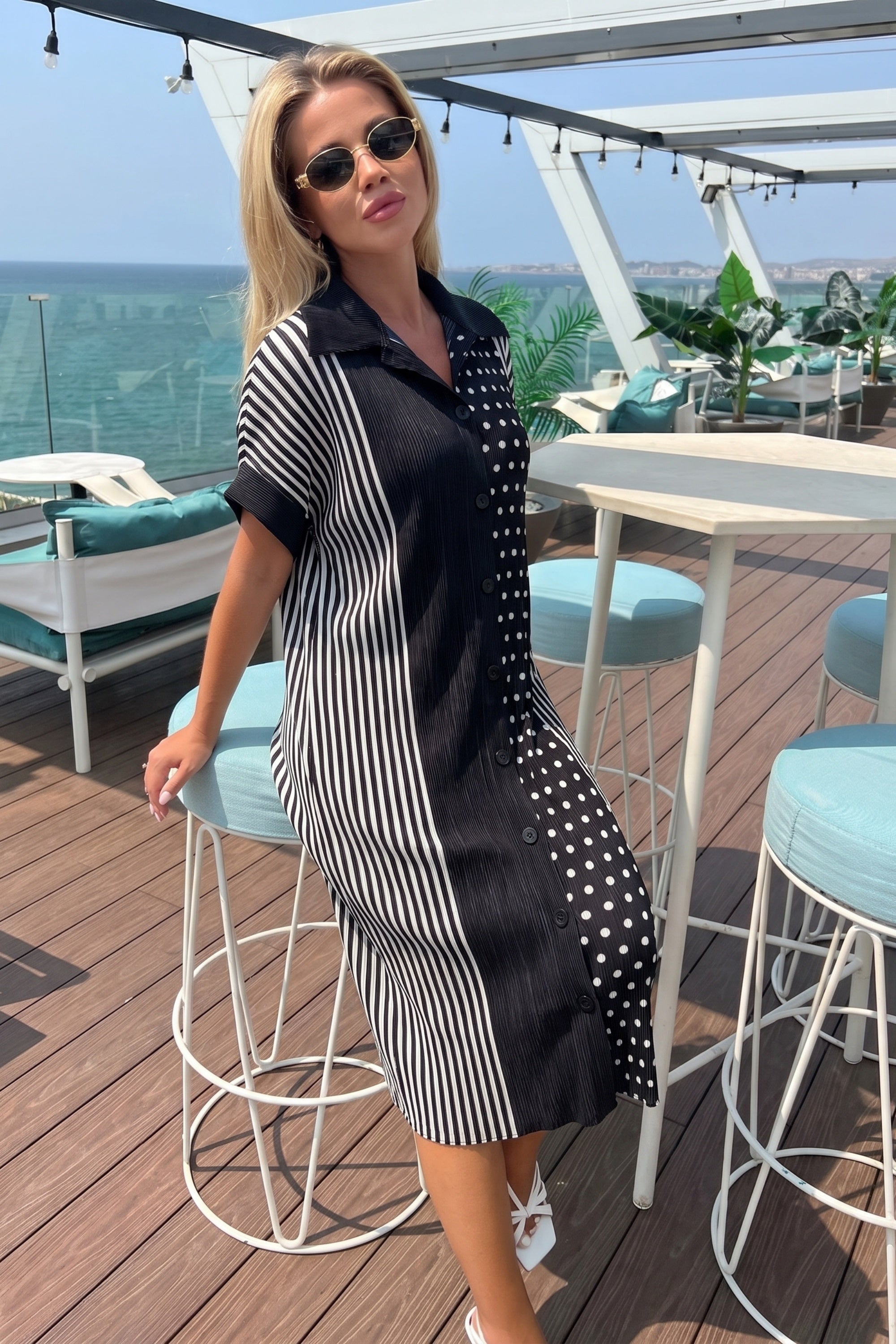 Monochrome Stripe &amp; Polka Dot Pleated Shirt Midi Dress