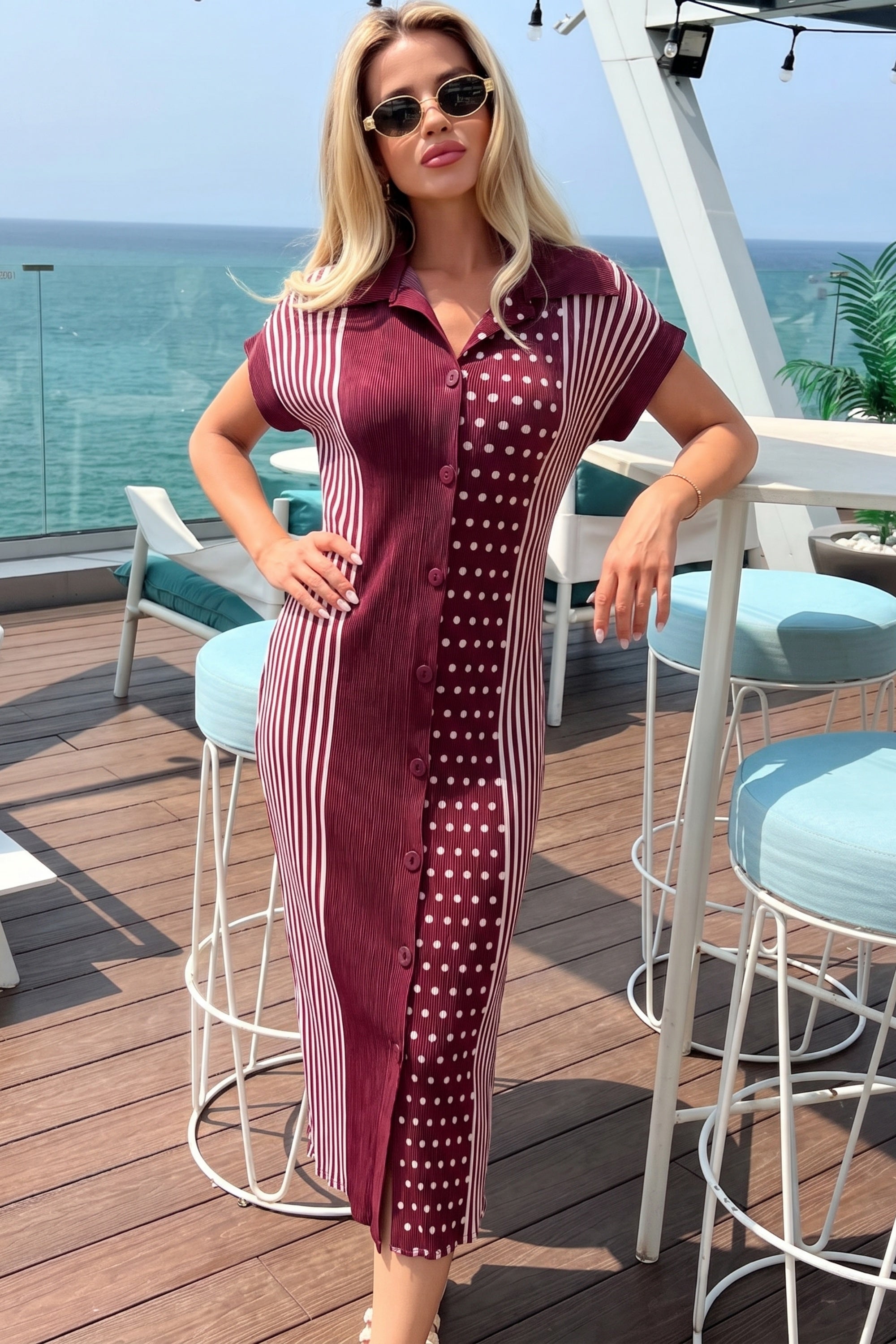 Monochrome Stripe &amp; Polka Dot Pleated Shirt Midi Dress