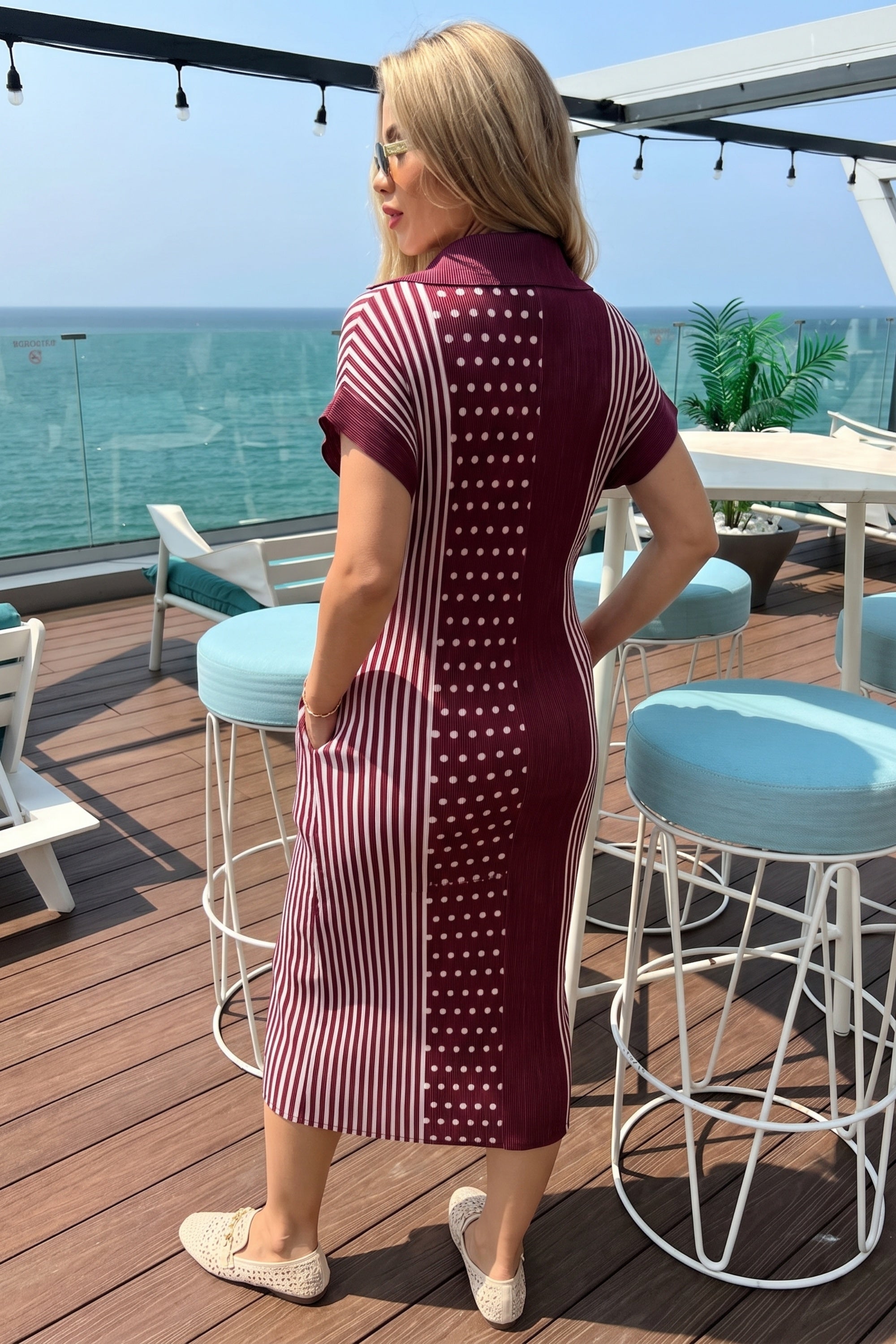 Monochrome Stripe &amp; Polka Dot Pleated Shirt Midi Dress