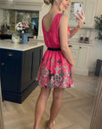 Floral jewelry print silky skater dress (PINK)