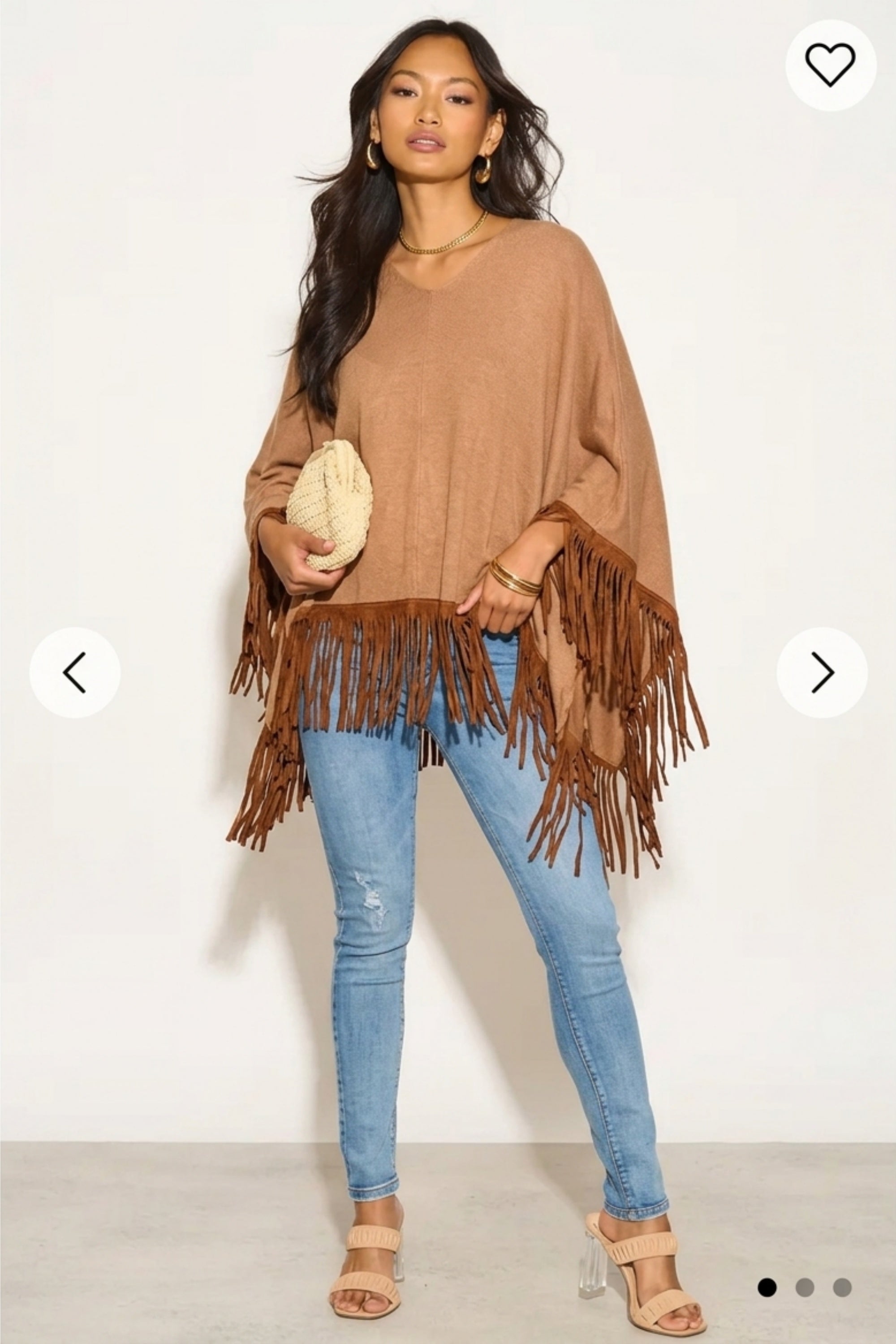 Camel color Knitted Shawl with Faux Leather Fringed