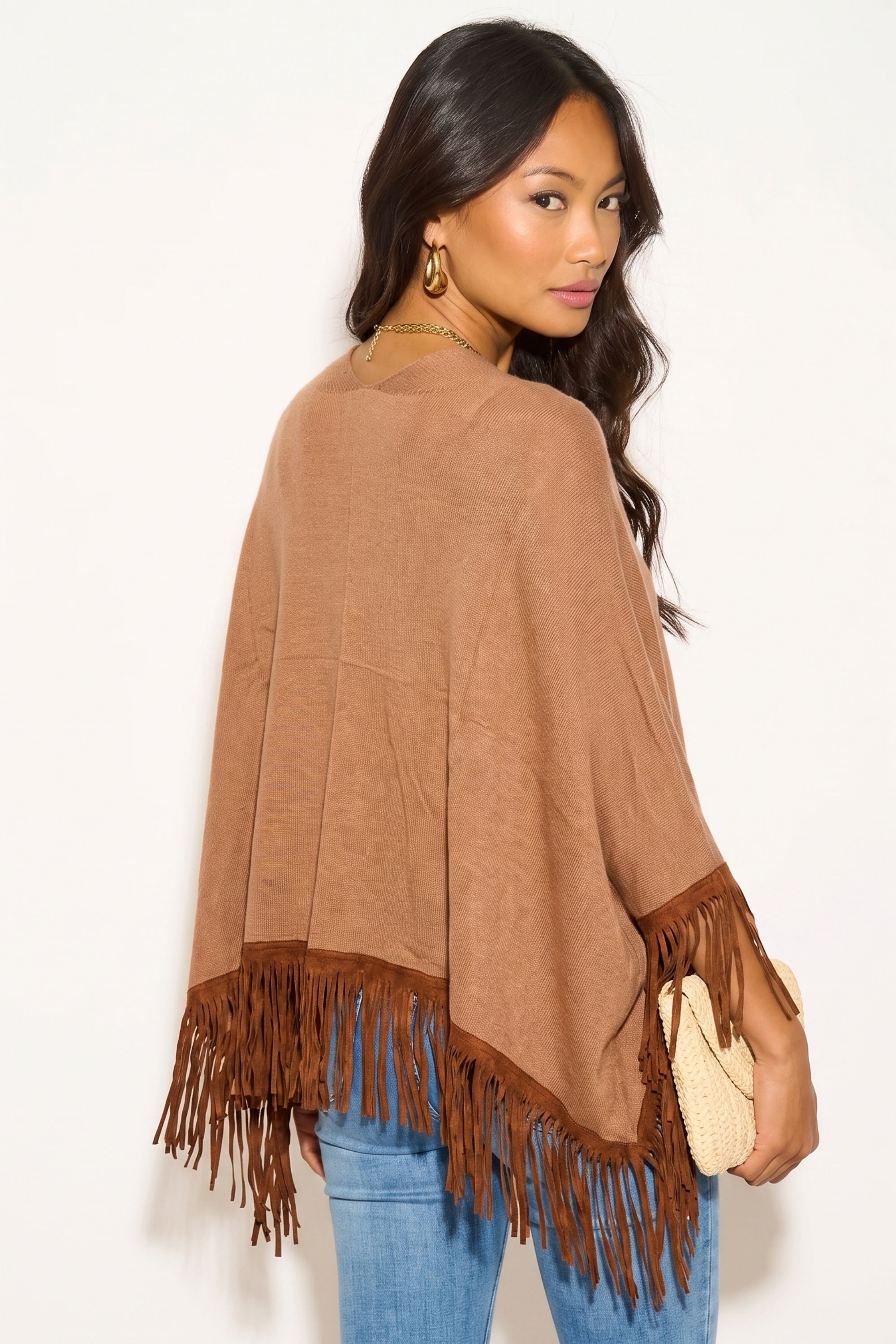 Camel color Knitted Shawl with Faux Leather Fringed