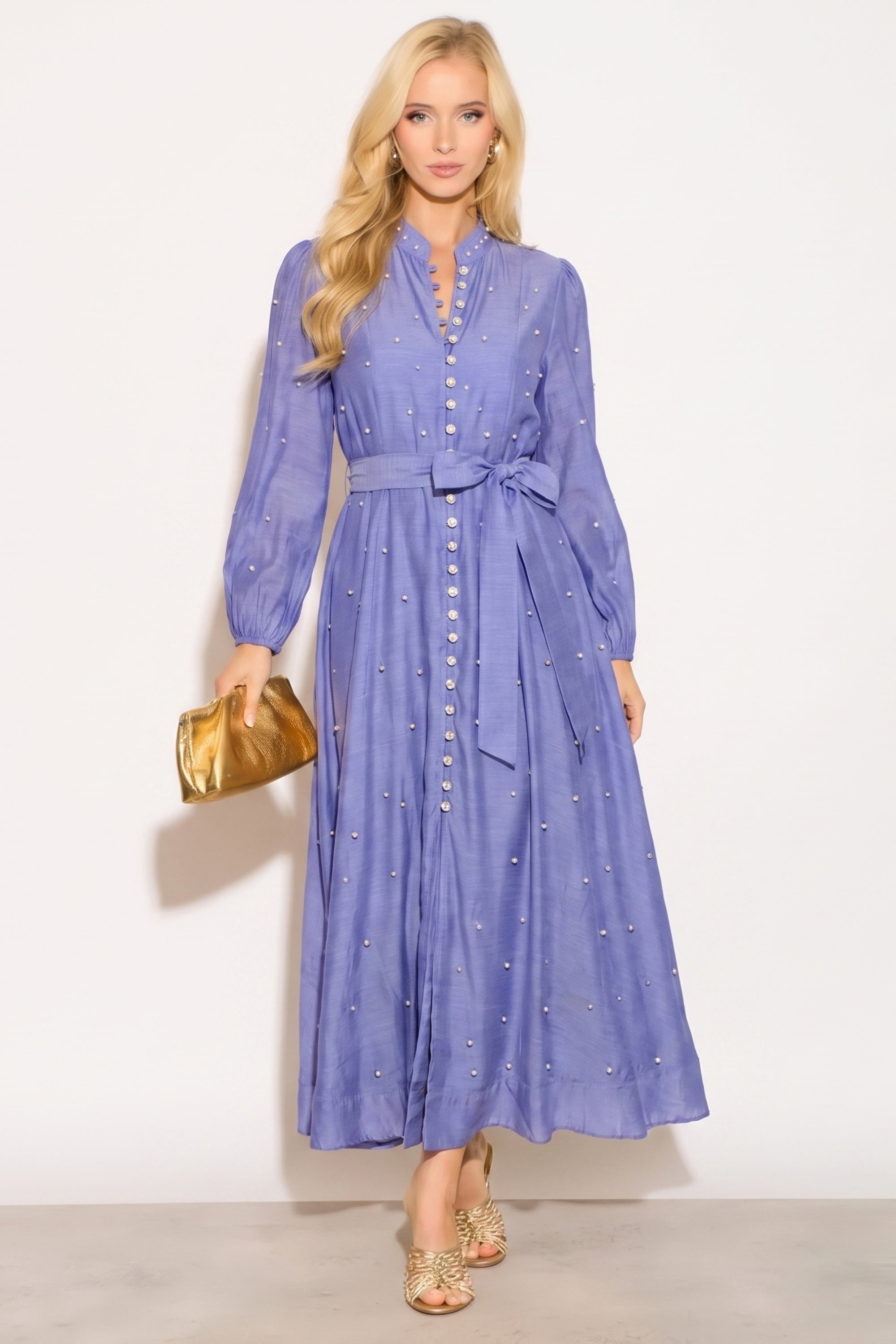 Embellished Button Front Maxi Shirt Dress with Tie Belt