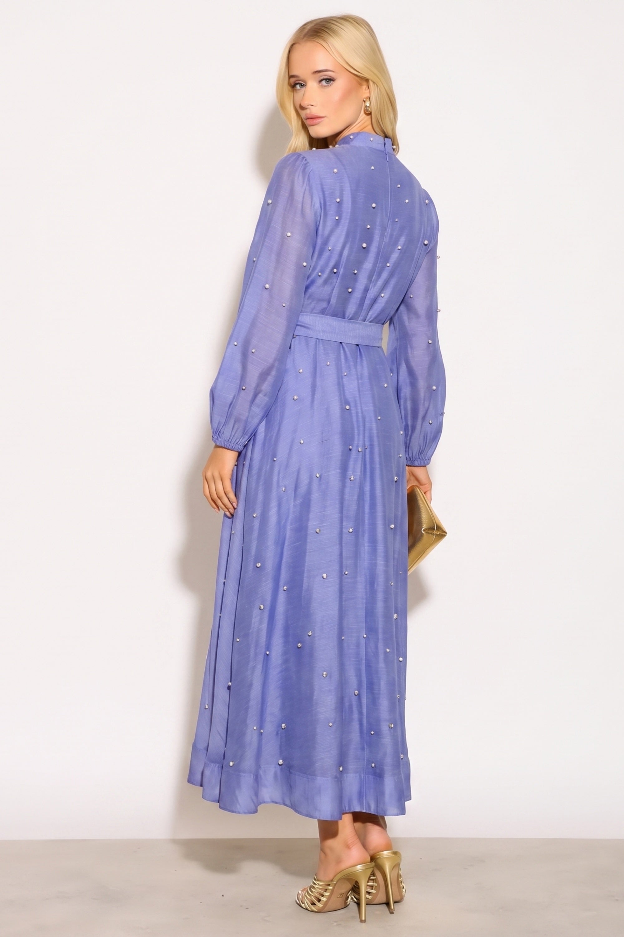 Embellished Button Front Maxi Shirt Dress with Tie Belt