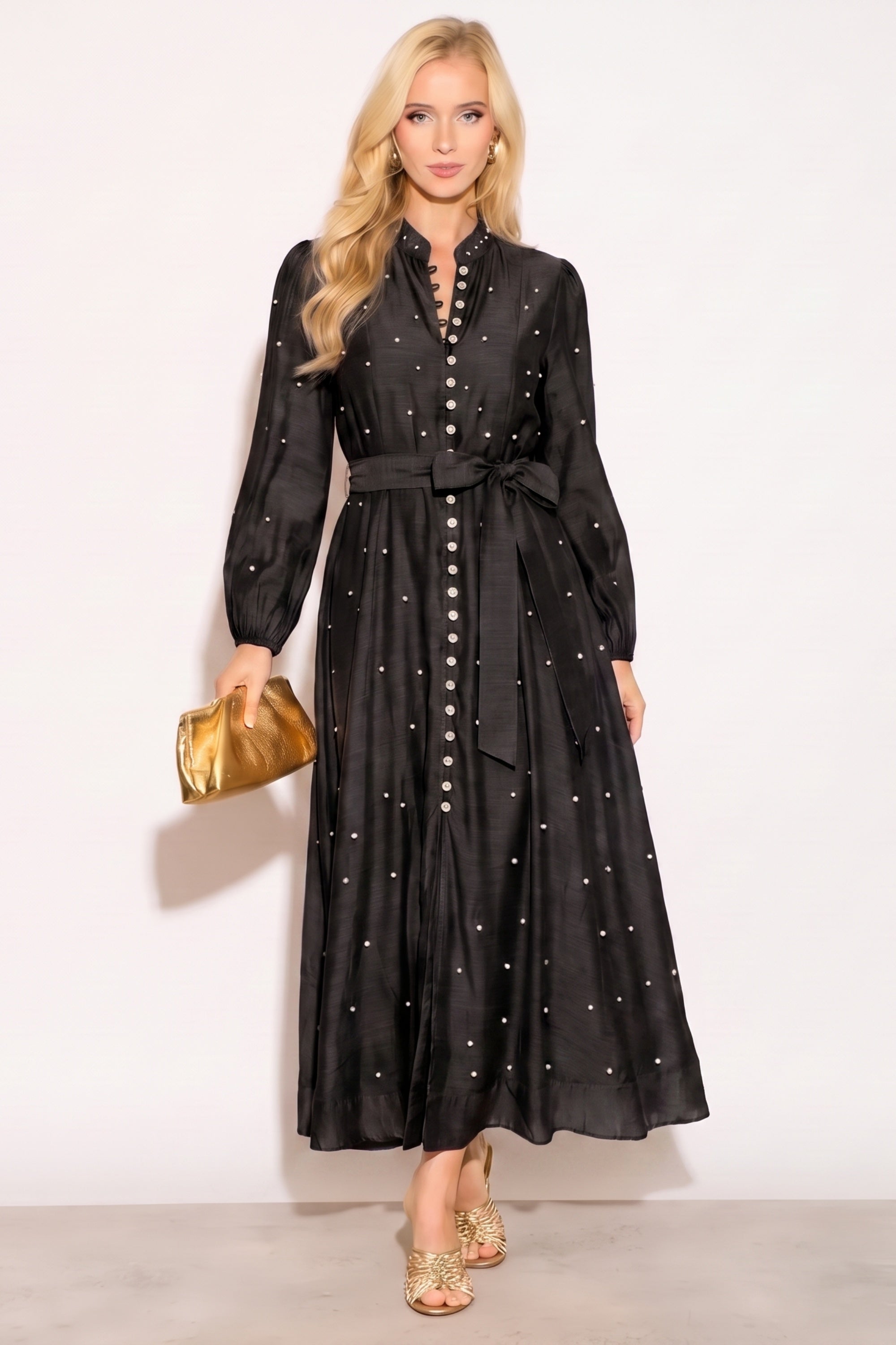 Embellished Button Front Maxi Shirt Dress with Tie Belt