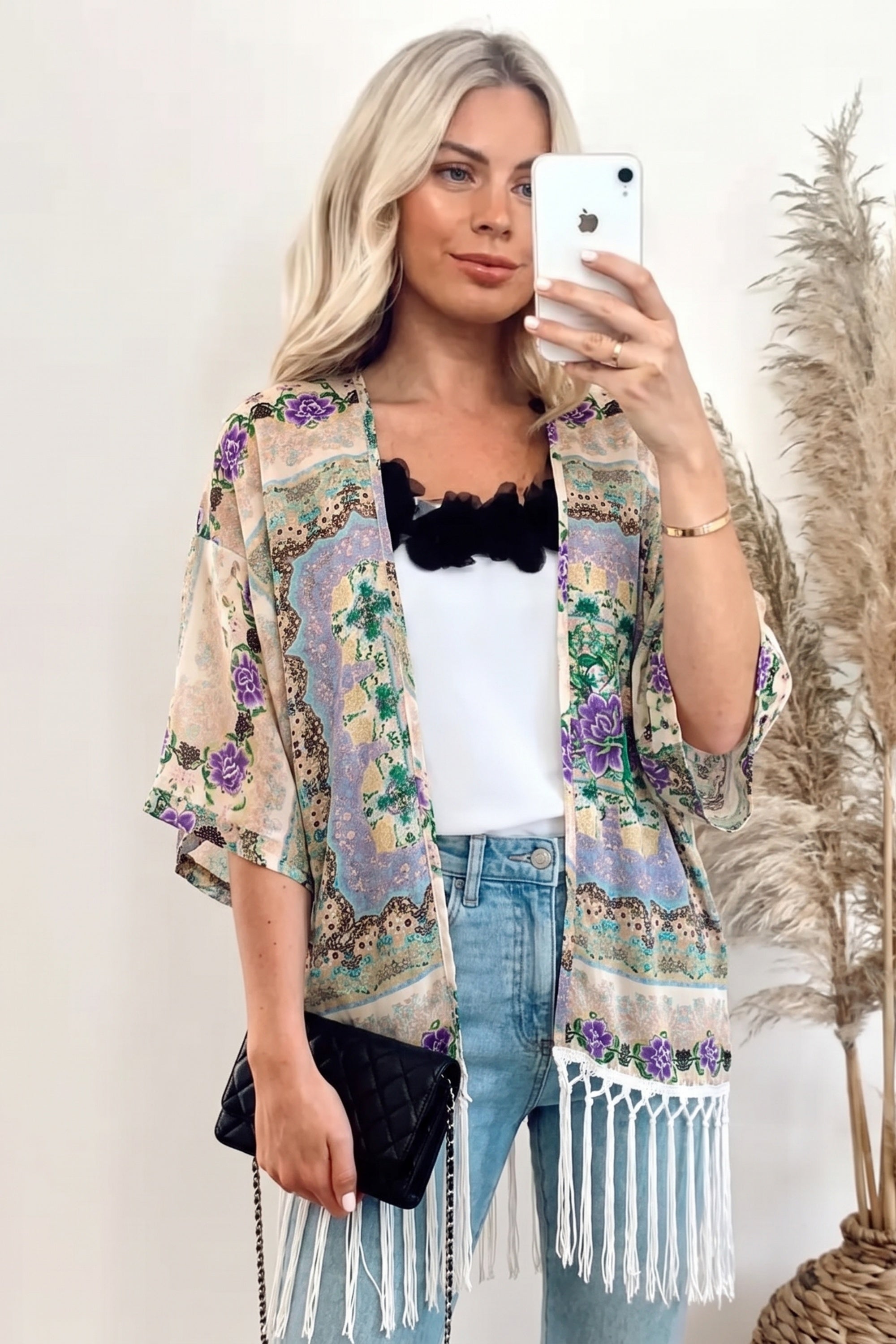 Floral Scarf Print Cotton Fringe Kimono Top