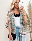 Floral Scarf Print Cotton Fringe Kimono Top