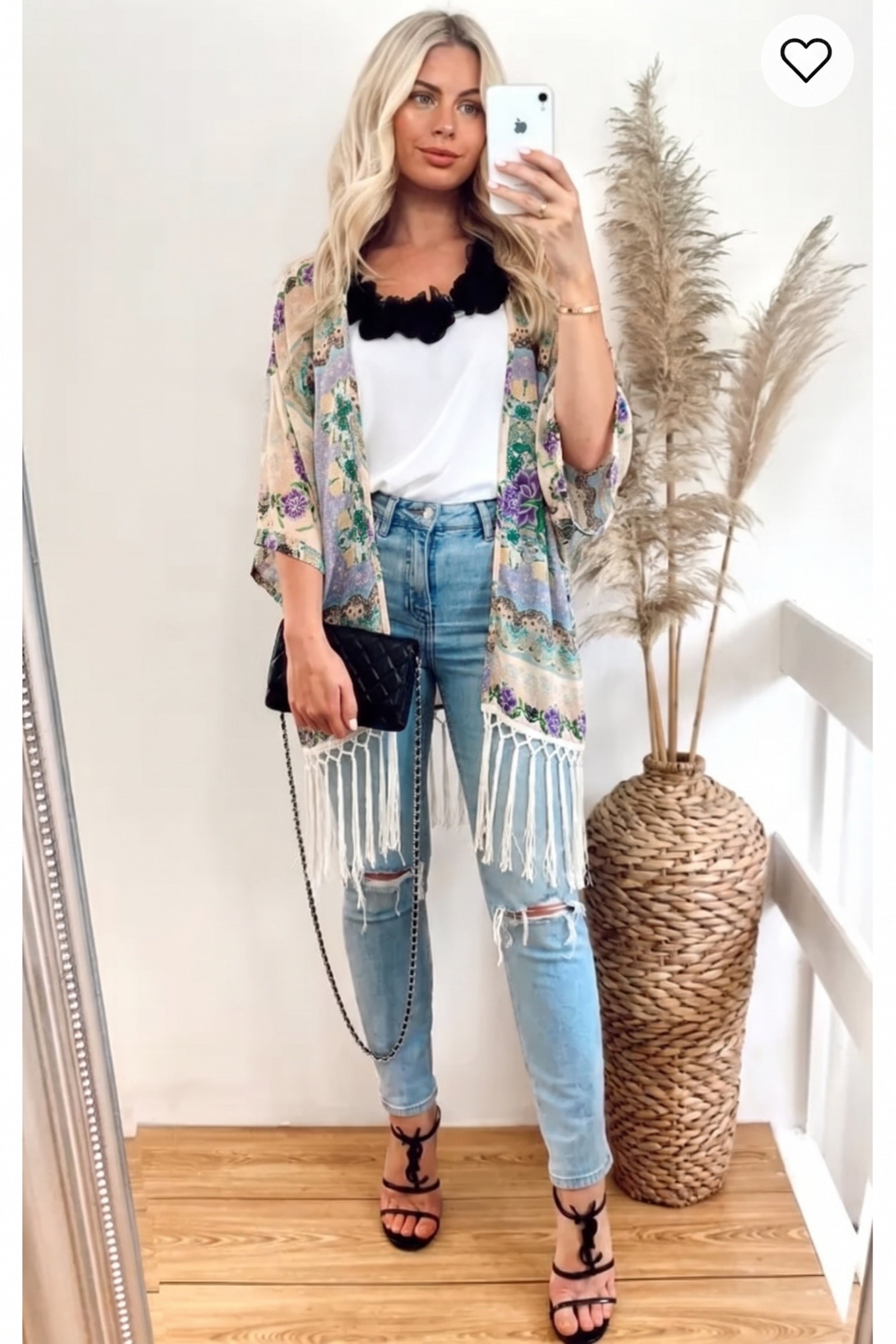 Floral Scarf Print Cotton Fringe Kimono Top