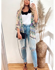 Floral Scarf Print Cotton Fringe Kimono Top