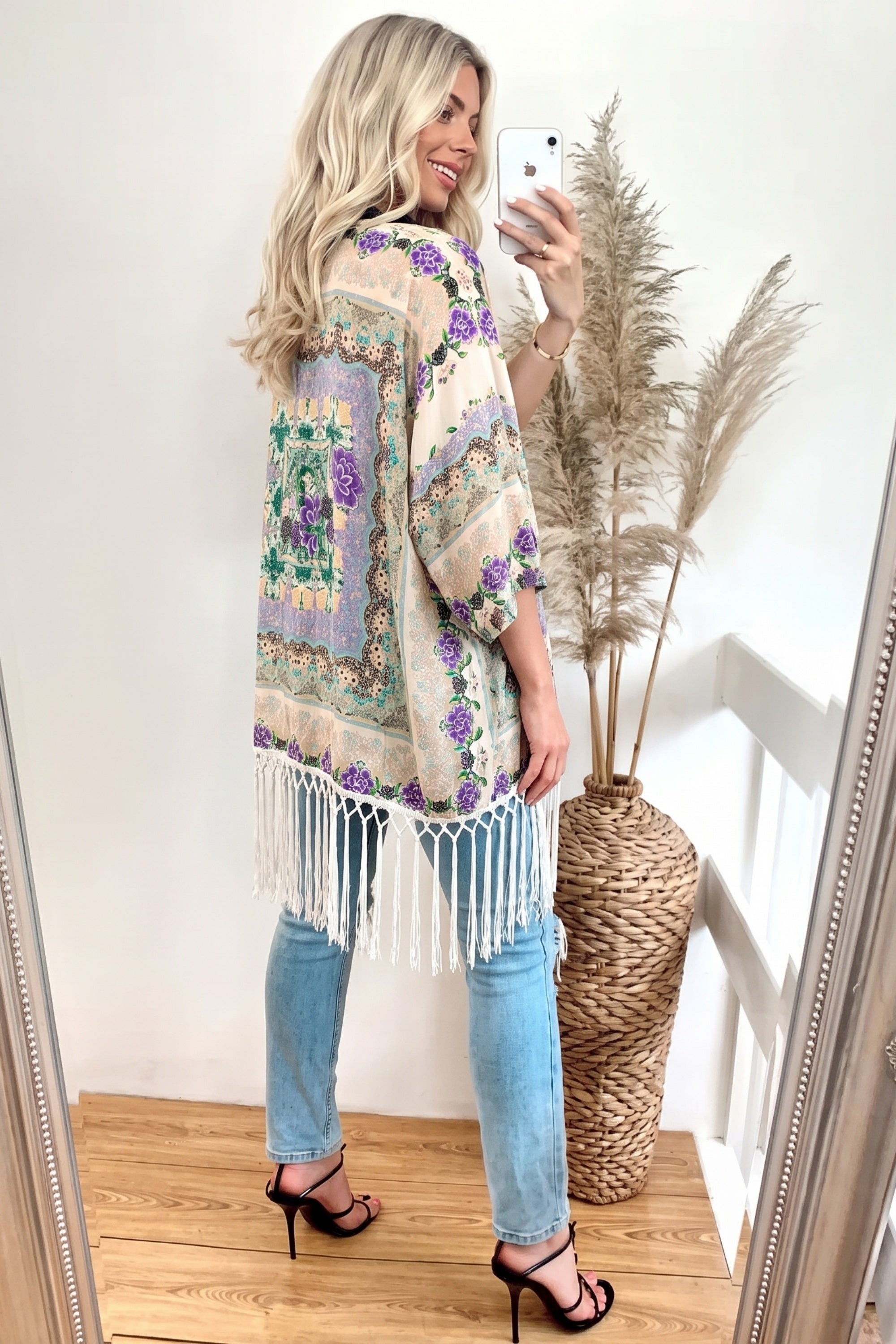 Floral Scarf Print Cotton Fringe Kimono Top