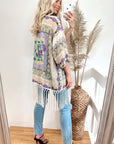 Floral Scarf Print Cotton Fringe Kimono Top