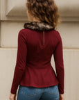 Faux Fur Collar Top (Burgundy)