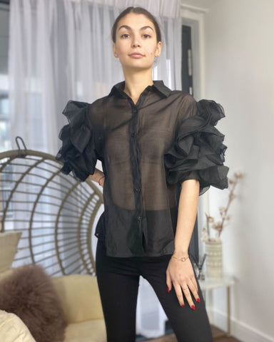 Double Layered Ruffles statements sleeves shirt top in black