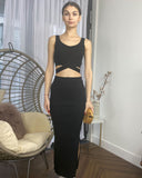 Knitted bodycon style vest top with tie up design and midi pencil skirt co-ords set in black
