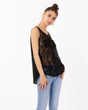 Black Lace Chiffon Top Shirt Blouse with Front Cross Strip Back