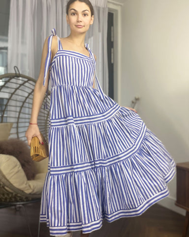 Blue Stripe Print Comfort Cotton Blend Midi Dress