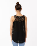 Black Lace Chiffon Top Shirt Blouse with Front Cross Strip Back