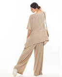 Strip print stretch-jersey top and Relaxed-fit trousers in beige