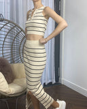 Knitted stripe print vest top and midi skirt co-ords set in beige