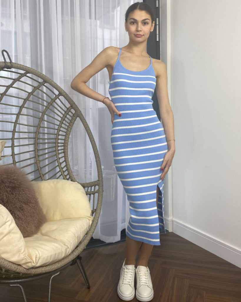 Knitted stripe print with straps design midi bodycon dress in Blue