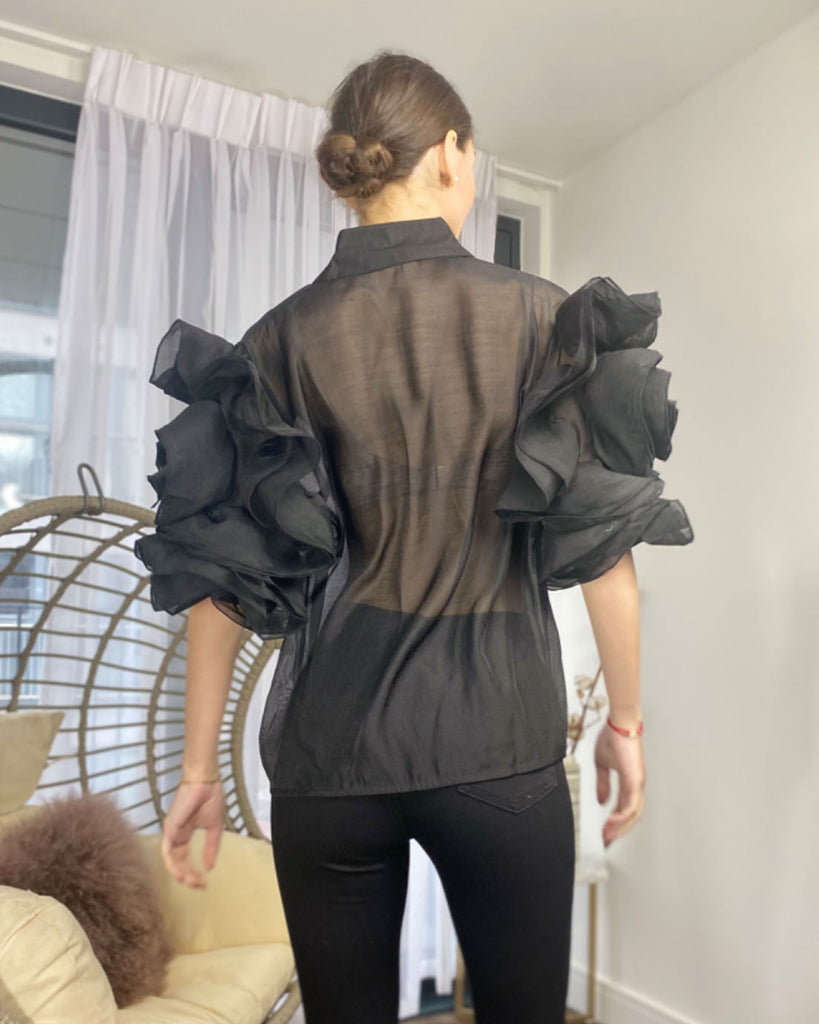 Double Layered Ruffles statements sleeves shirt top in black