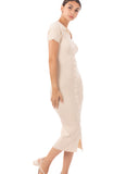 Soft cotton knit dress with collared and buttons down design in Cream Beige
