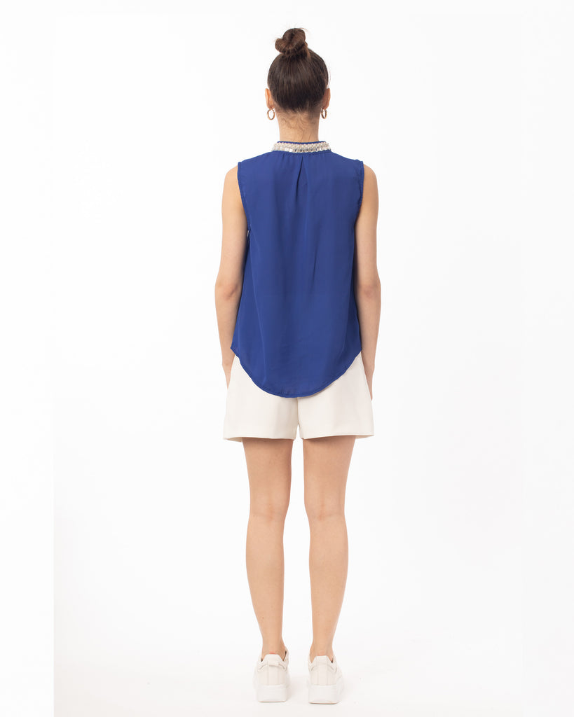 Pearl Embellished Neckline Sleeveless Top(ROYAL BLUE)