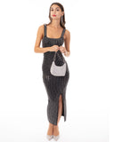 Multi Diamond Sequin Maxi Dress in Black