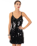 Circle Disc Sequin Strappy Short Dress in Black