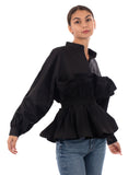Ruffle design around chest and hem cotton shirt in black