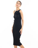 Knitted stretch cotton Bodycon midi dress with Camellias Brooches in black