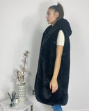 Plus Size Faux Fur Long Gilet with Hoodie in black
