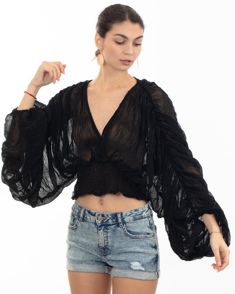 Elaticated body and sleeves oversized top in black