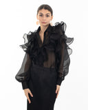Multi Layer ruffles design sheer organza  shirt in Black