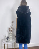 Plus Size Faux Fur Long Gilet with Hoodie in black