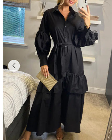 Puff sleeve shirt dress with tiered hem skirt in black