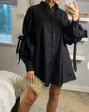 Oversized Ballon sleeves with tie up cotton blend shirt in black