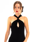 Soft Knitted Ribbed Midi Bodycon twist neck Dress In Black