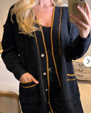 Jacquard design knit Long Cardigan with Gold Trim design in Black